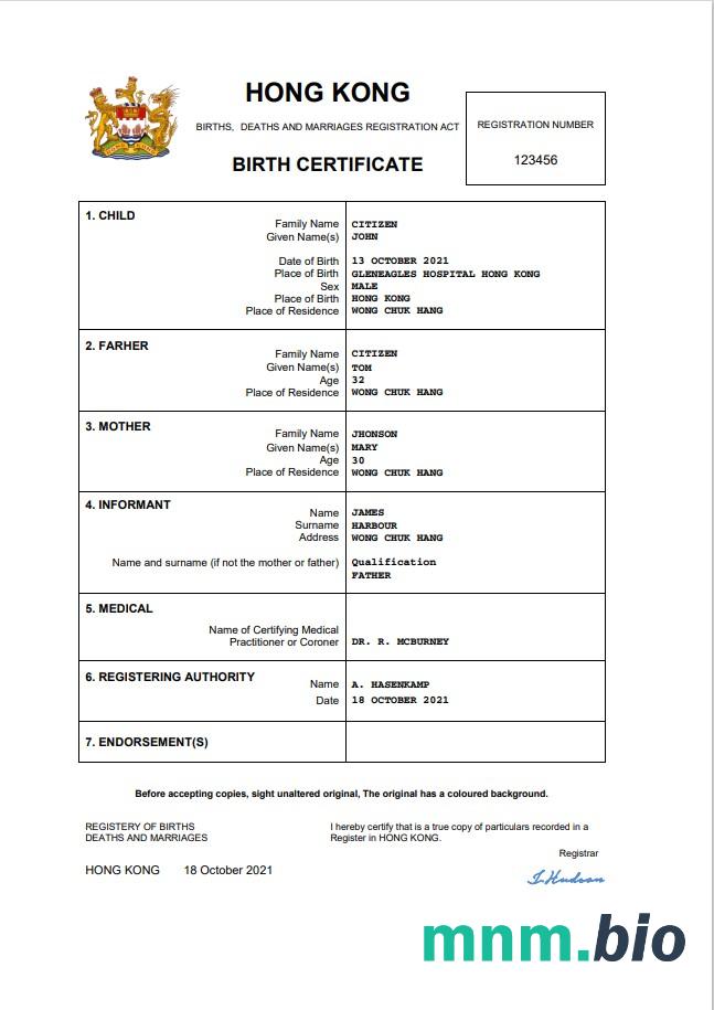 Hong Kong narodziny certyfikat Word i PDF szablon
